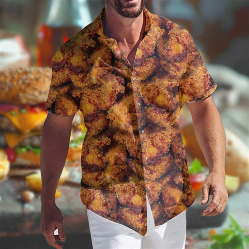 thumbnail image 1 of Camisa hawaiana con gráfico de hamburguesas y papas fritas para hombre, camisas hawaianas holgadas de manga corta con estampado 3D de comida, blusas de calle con solapa, 1 of 5