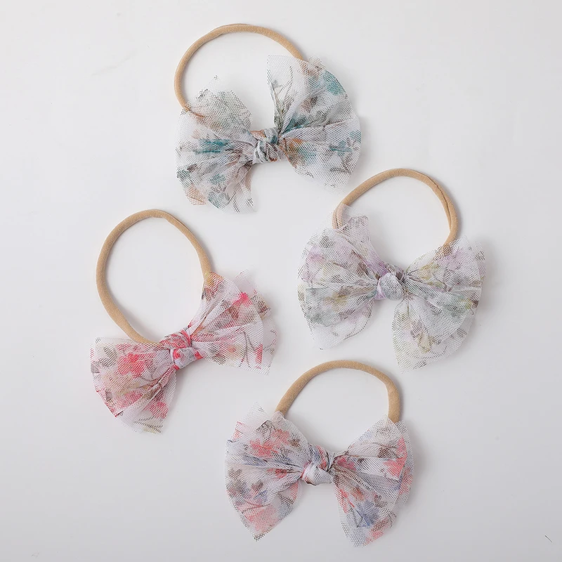 

Floral Print Bows Naby Headband Mesh Hair Band Girl Skinny Nylon Headbands For Children Princess Accessory Spring Newborn Gifts