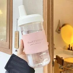 Cute Pearl Milk Tea Straw Water Bottle with Cup Cover - Large Capacity, Drop - proof Design - 850ml (Pink)