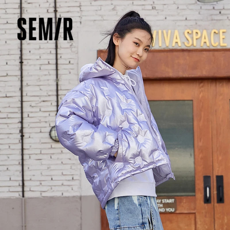Semir Down Jacket Women Stand-Up Collar Shiny Design Sense 2023 Winter New Loose Drawstring Thin Coat