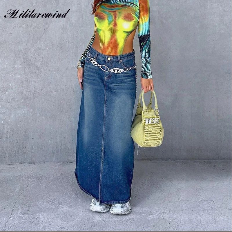 

2023 Casual Fashion Jeans Skirts Women Vintage Streetwear Denim High Waist Elegant Washed Office Lady Femme Ankle Length Skirts