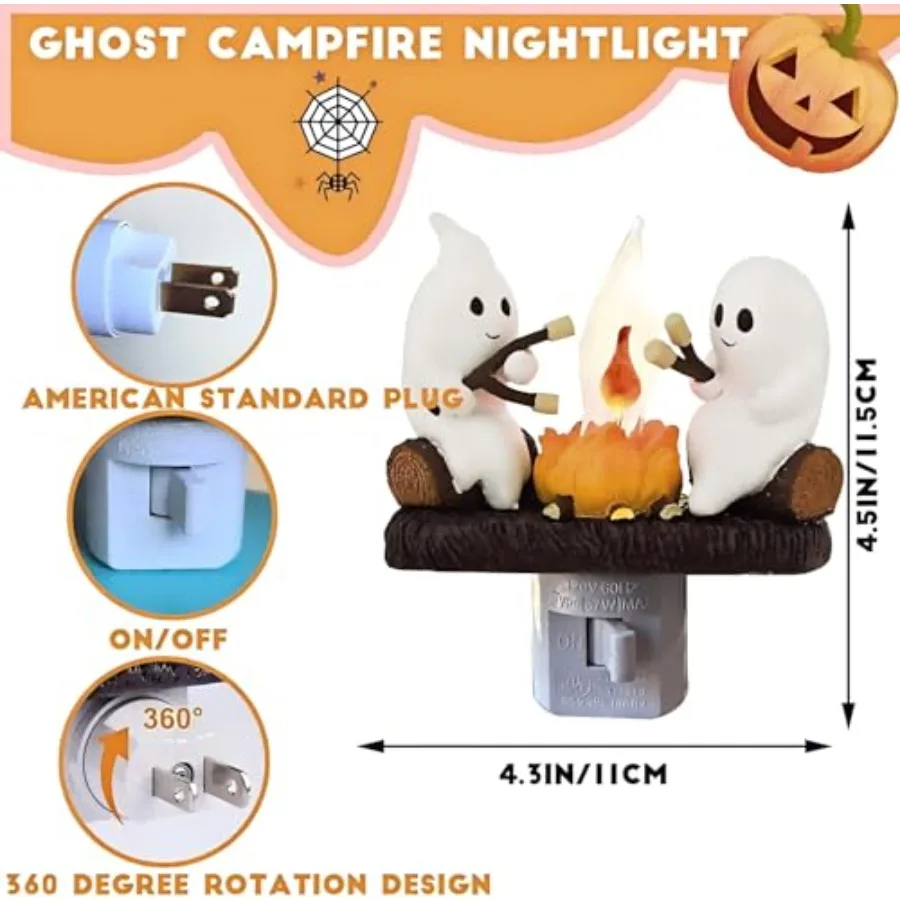 Ghost Campfire Nightlight for Halloween Decor: 3D Spooky Fire Flickering Night Light with Marshmallow Ambience Ideal for Outdoo
