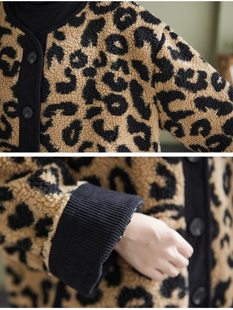 Leopard Print Loose Jacket, Plus Size Women's Polar Fleece Coat