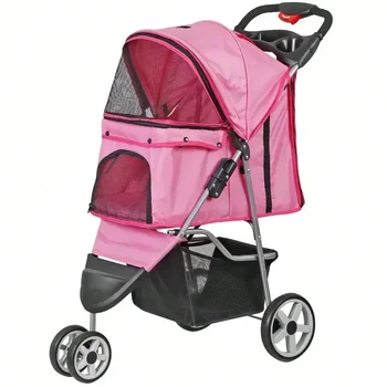 Foldable 3 Wheels Pet Stroller Dog Cat Cage Jogger Stroller with Cup Holder Pink 1