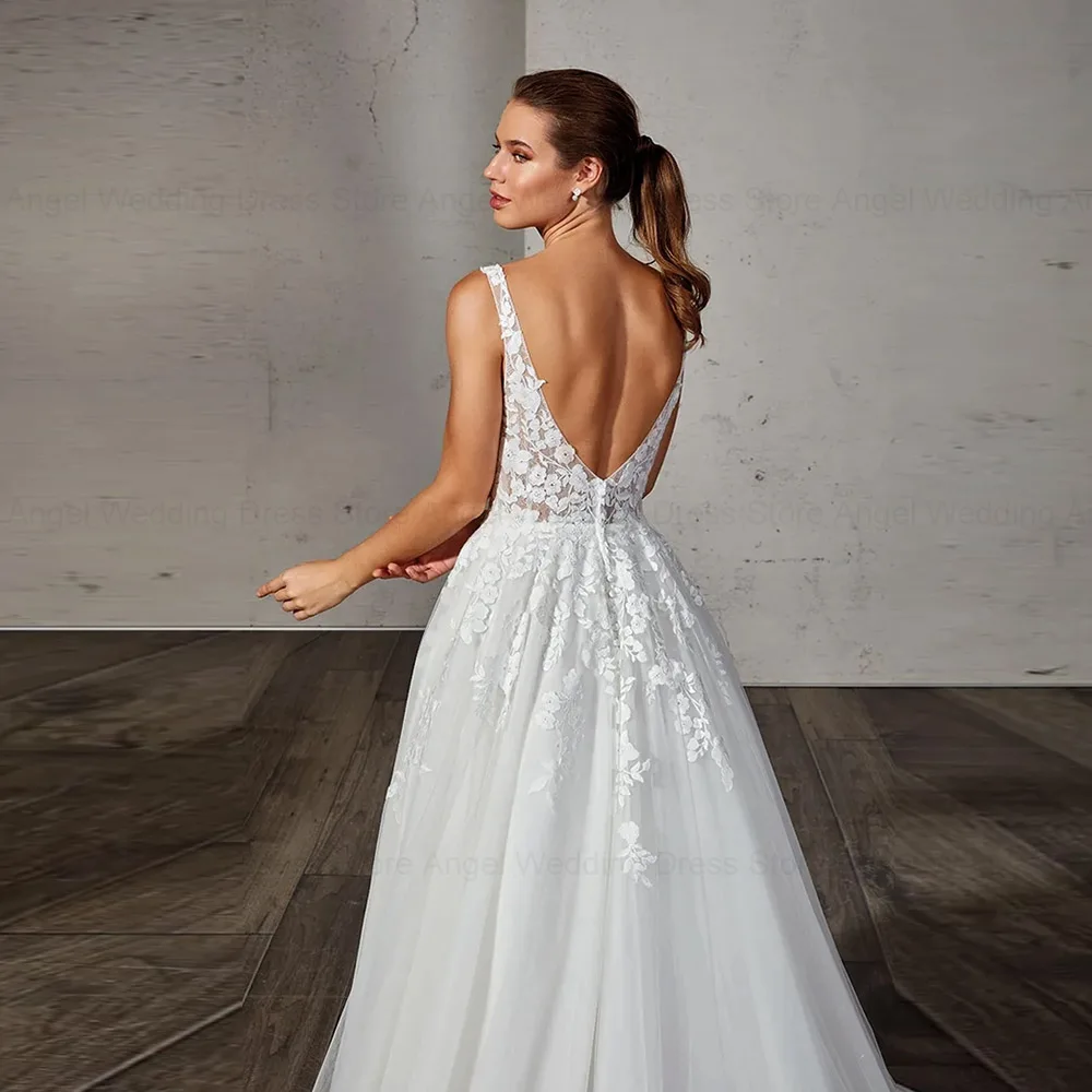 ANGEL Beach Wedding Dresses Appliques Straps V-Neck Bridal Party Gowns Backless Sweep Train robe de mariée fluide Custom Made 4