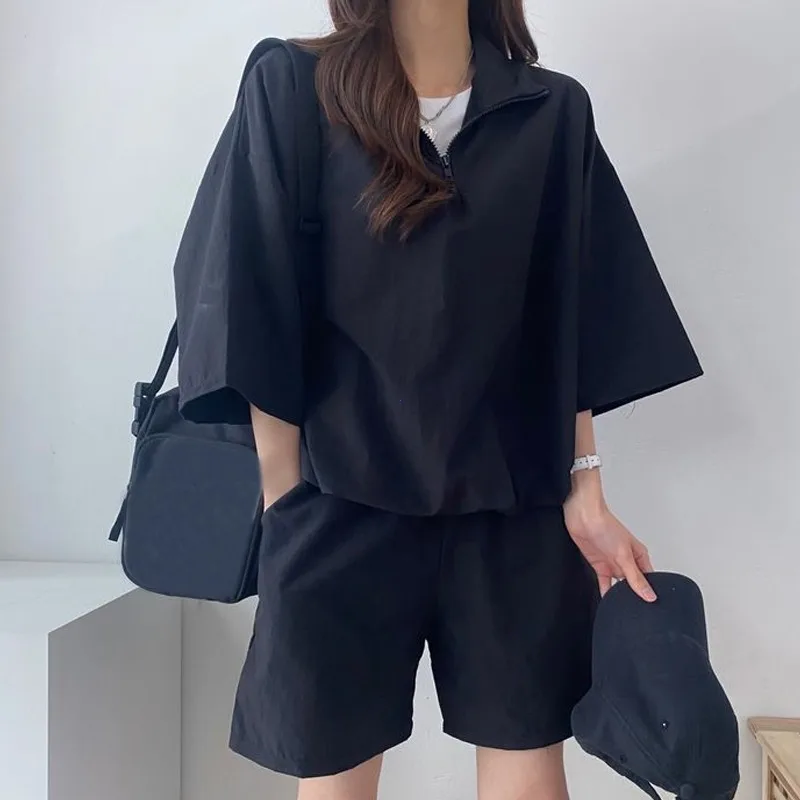 Short sleeve Shorts Women clothes Two-piece Set Plus size Turtleneck Zip-up Spring Summer Fashion Casual Sweatshirt Set Loose women shirt shorts set