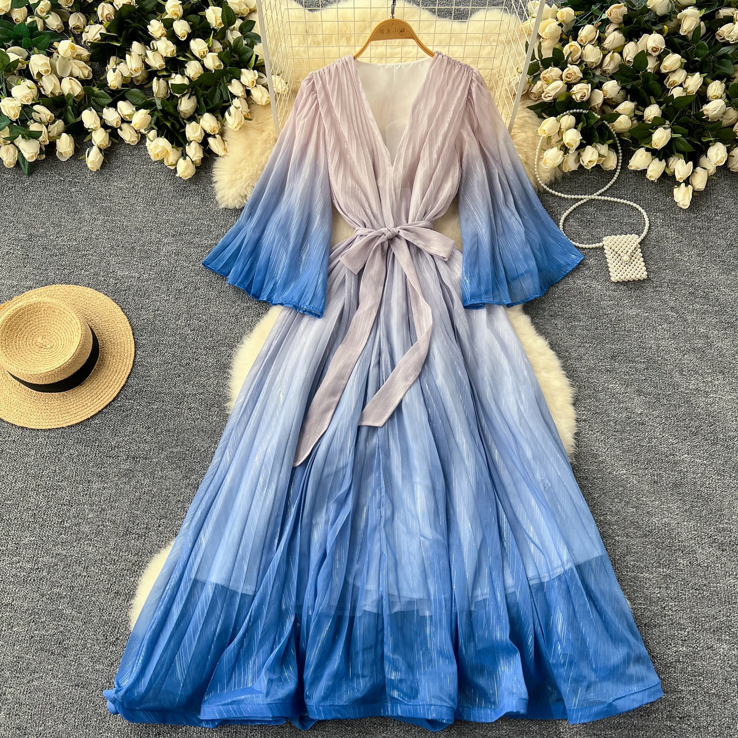 Blue And White Checkered Dress Women's Light Gradient Long Sleeve Dress - Fashion V-Neck Formal Spring Maxi Dress Women's Dresses Blue And White Checkered Dress Women's Light Gradient Long Sleeve Dress - Fashion V-Neck Formal Spring Maxi Dress Women's Dresses