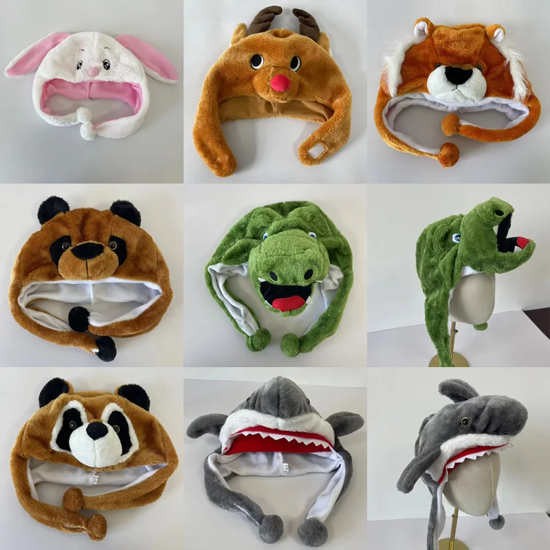 Cartoon Animals Penguin Duck Rabbit Elephant Shark Tiger Hats Children Student Performance Cosplay Ear Plush Caps Cute Gifts