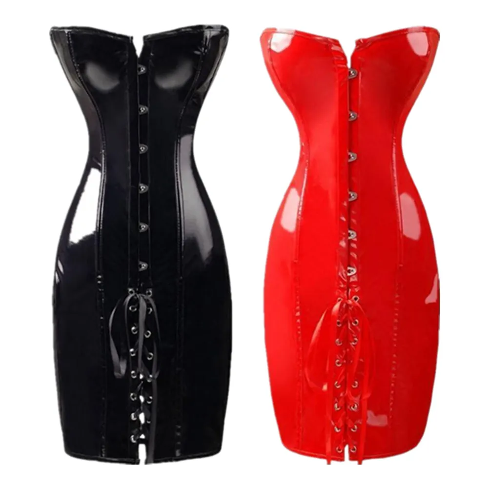 

Women Shiny PVC Corset Dress Strapless Slim PU Leather Club Bodycon Bustier