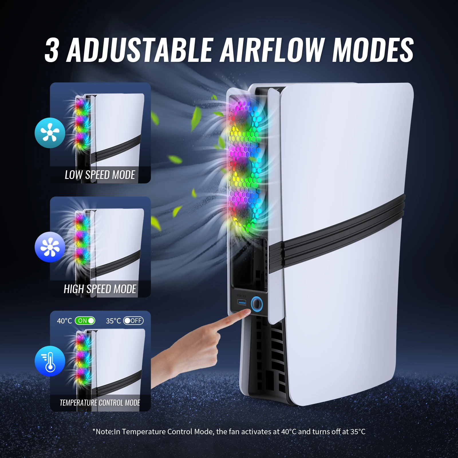 Cooling Fan for PS5 Slim RGB Lighting Adjusted Quiet External Fan Cooler for 5 Pro/Slim Disc & Digital Edition Part