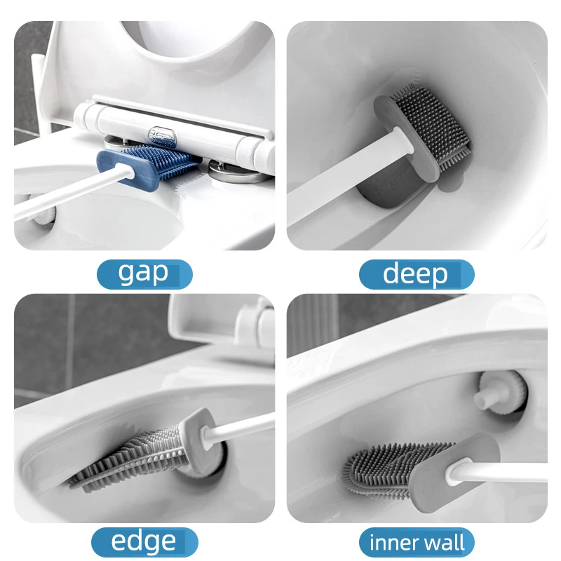 Description Picture 6 of item2PCS/set Toilet Brush Water Leak Proof with Base Silicone Wc Flat Head Flexible Soft Bristles Brush with Quick Drying Holder