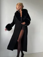 Retro Faux Fur Patchwork Woolen Maxi Coat Women Solid Full Sleeves V-neck Lace Up Loose Long Coats Lady Winter Commute Outwear 5