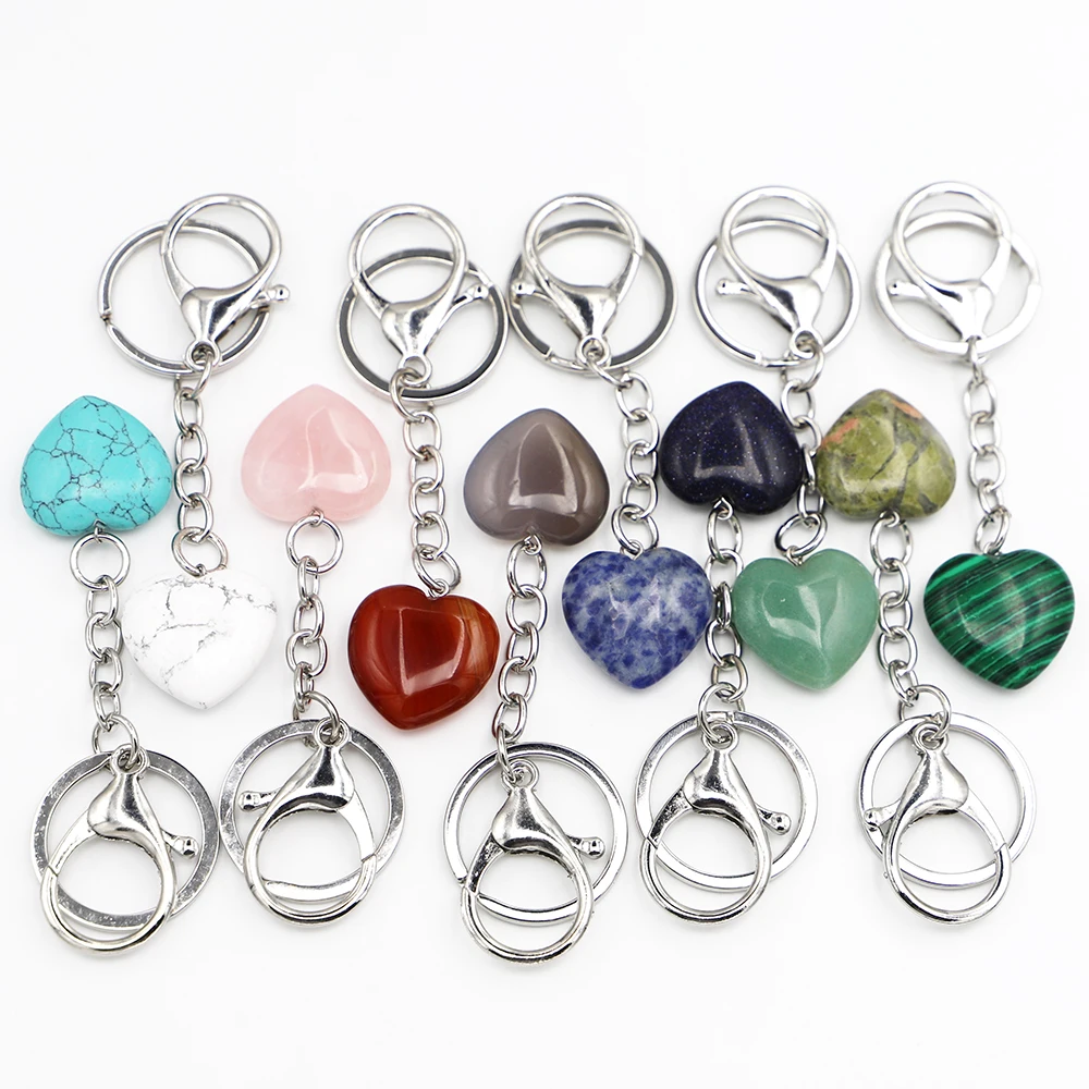 

Natural Crystal Agate Love Keychain Green Turquoise Sand Stone Exquisite Keyring Unisex Car Key Pendant Fashion Jewelry Gift 6Pc
