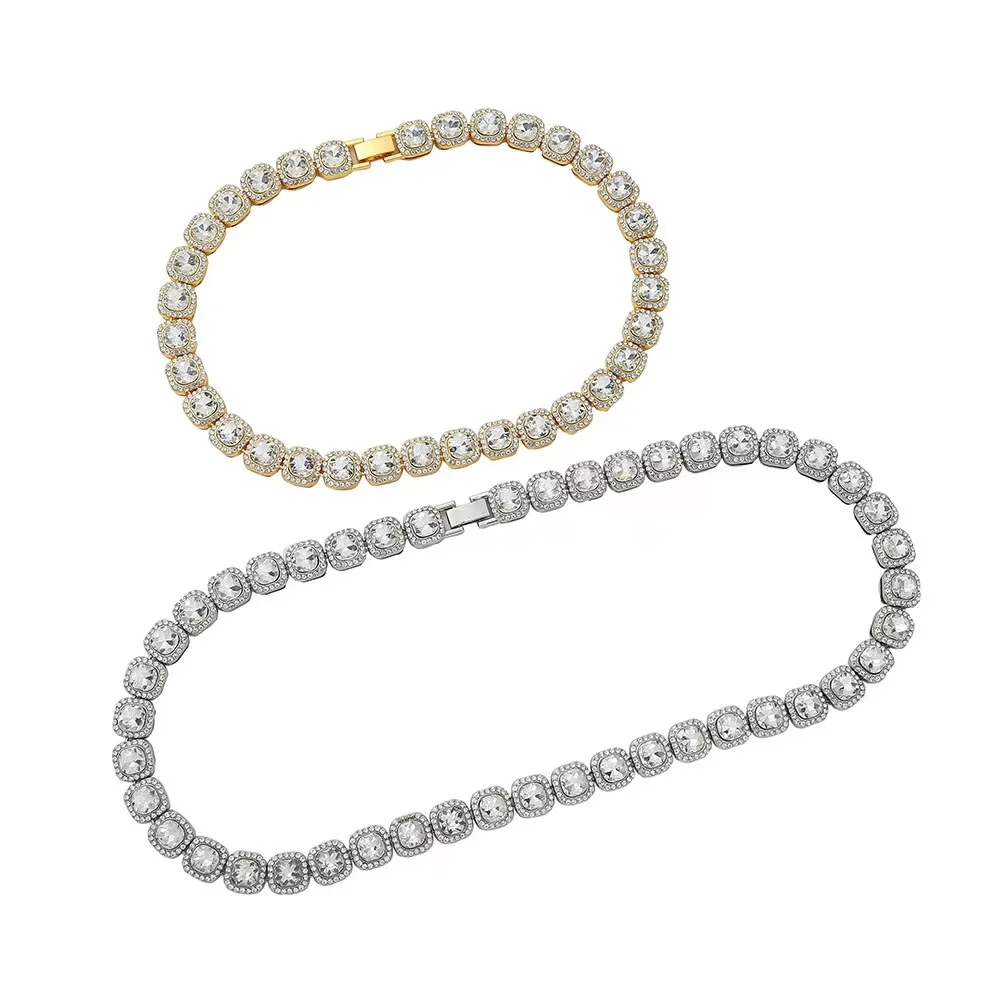 Rapper 10MM Bling Iced Out Chain Bracelet Necklace Geometric Square Tennis Chain for Men Women Mens Hop Hip Jewelry Mens Choker