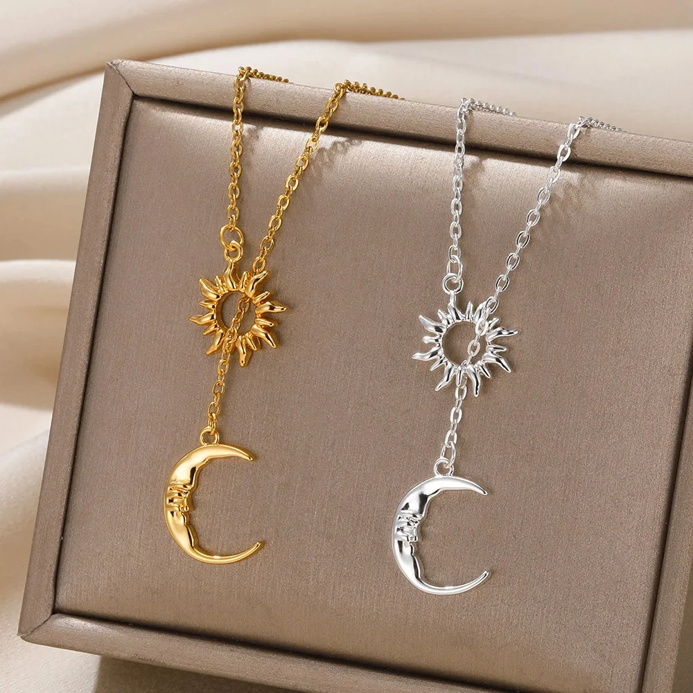 Stainless Steel Necklaces Sun Moon Pendant Clavicle Chain