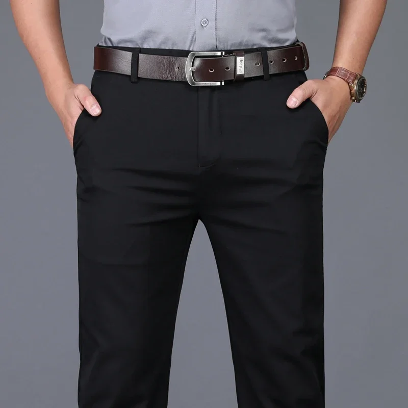98% Cotton Classic Men's Brown Business Straight Casual Pants Solid Stretch High Waist Office Trousers Male Brand Black Khaki 4