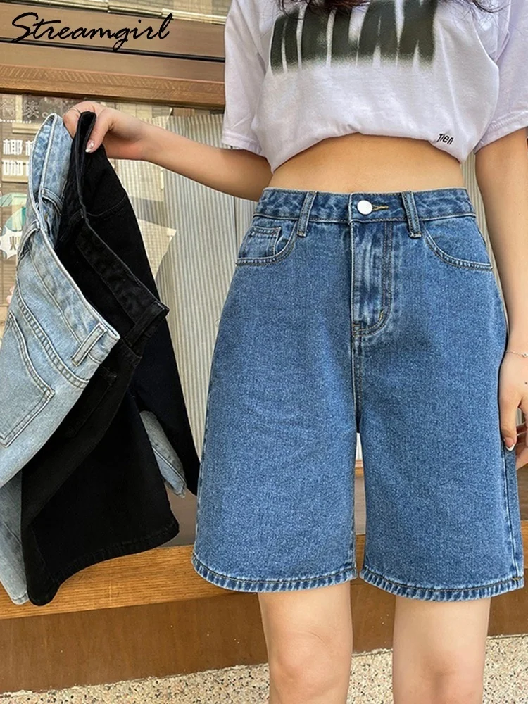 

Streamgirl High Waisted Jeans Shorts Women 2023 Vintage Shorts Denim Loose Female Short Straight Jeans Shorts For Women Summer