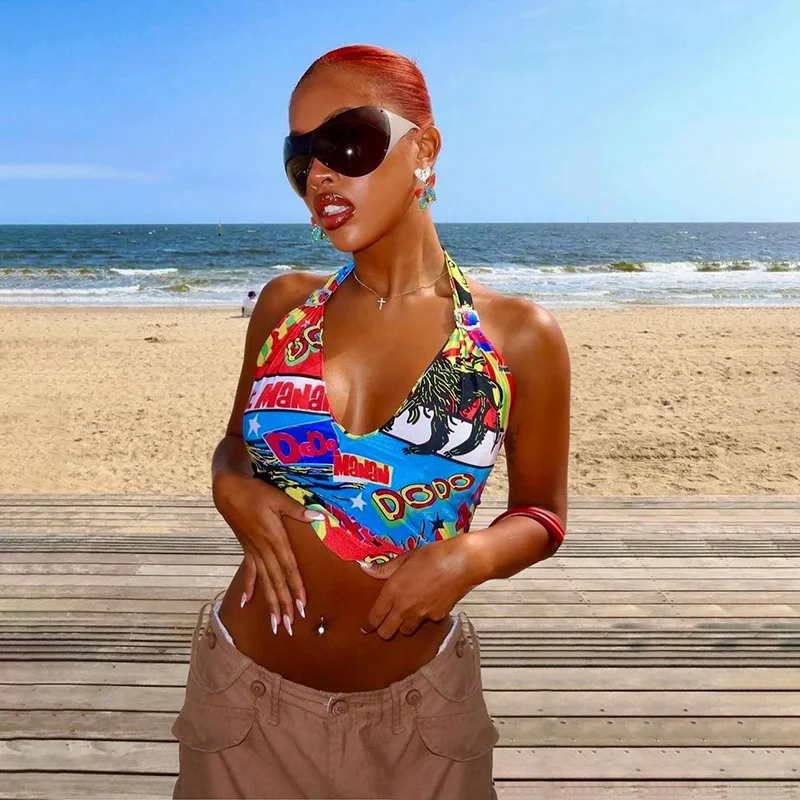 

Fashion Digital Letter Printed Halter Tanks for Women Y2k 2024 New Summer Sexy U-neck Low Cut Crop Tops Hot Girls Streetwear