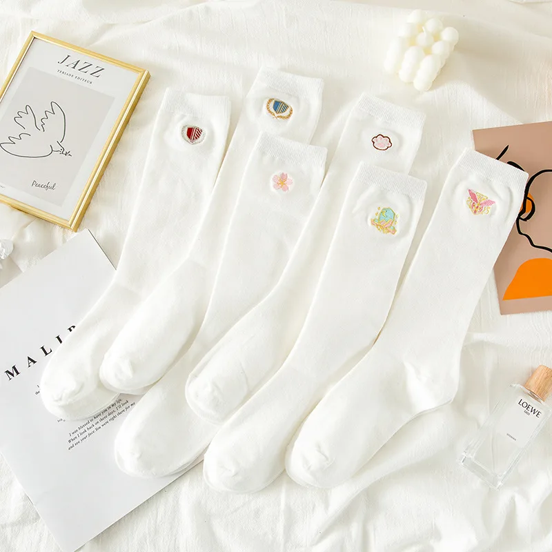 

Japanese College Uniform Socks White Women Knee-high Stockings Sakura Knee Socks Female JK Lolita Sock Fashion Ladies Long Socks