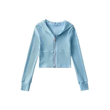 

2022 Spring Wear A Casual High Waist Short Sports Top Retro Exposed Navel Hooded Zipper Cardigan T-shirt Women Solid Sweatshirt