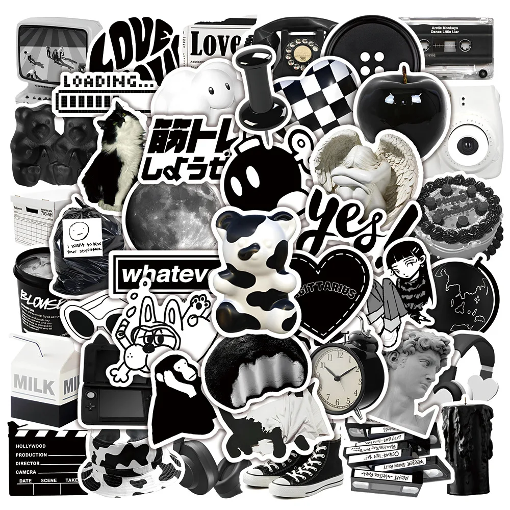 

10/30/50 PCS Black White INS Cartoon Stickers Simple Decals DIY Toys for Phone Notebook Suitcase Laptop Fridge Wall Sticker