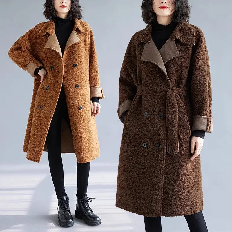 

Женское шерстяное двубортное пальто, винтажное плотное пальто средней длины с поясом на талии, Z3875, Осень-зима 2023