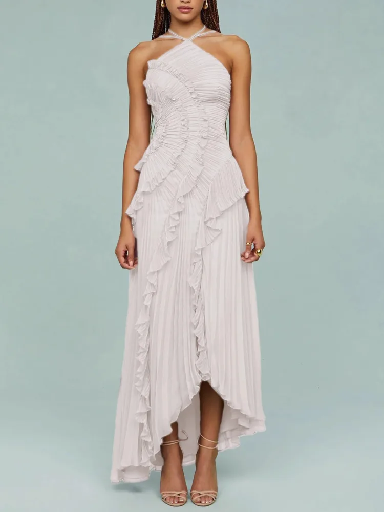 QMQA فساتين نسائية عصرية مكشكشة بدون حمالات بدون ظ...