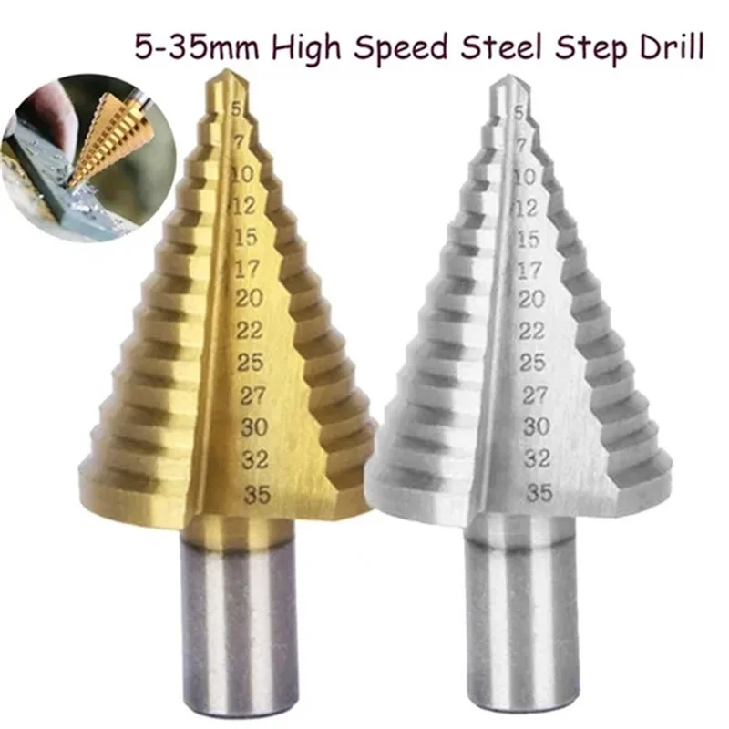 

1/2PCSMetal Drill 1pc 5-35mm Step Cone Drill TiN Coated Straight Groove Hole Cutter HSS Round Shank Step Drill Bit