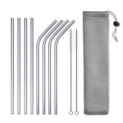 Eco - Friendly Stainless Steel Drinking Straw Set with Cleaner and Pouch (E Silver with bag)