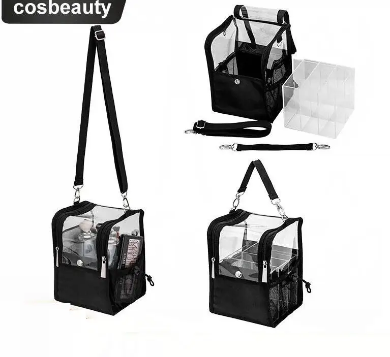 Custodia per trucco da viaggio con divisorio in acrilico custodia per Organizer con custodia per pennelli per trucco borsa per cosmetici in piedi borsa da viaggio per artisti