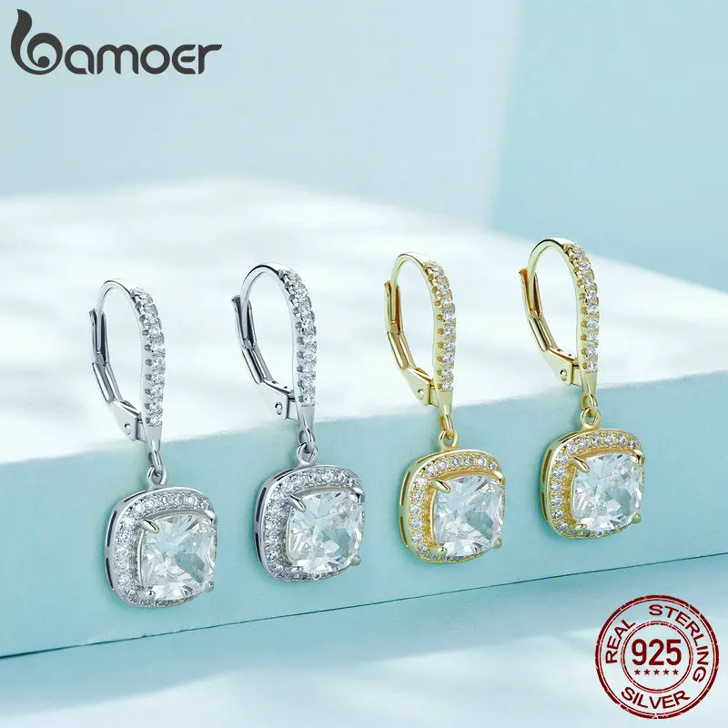 Drop Earrings 925 Sterling Silver Dazzling CZ Square Geometric Drop Earrings for Women 14K Gold Plated Wedding Jewelry