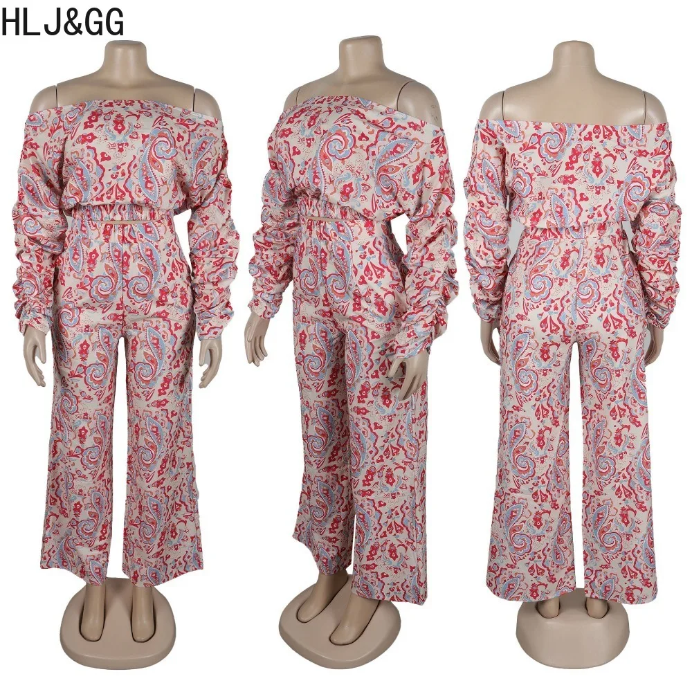 HLJ&GG Fashion Pattern Print Wide Leg Pants Two Piece Sets Women Off Shoulder Long Sleeve Top And Pants Outfits Female Clothing