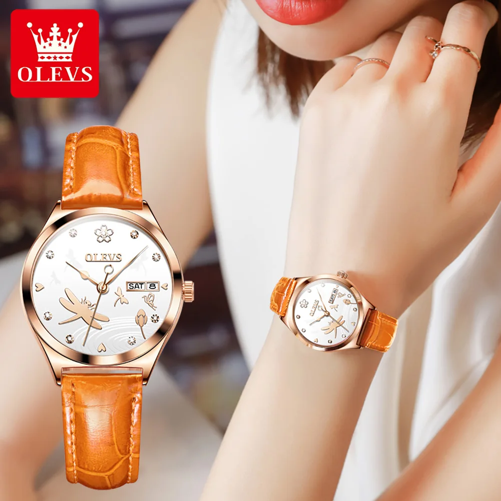 OLEVS Brand 2024 New Fashion Women Automatic Mechanical Watch Luxury Leather Strap Elegant Ladies Watch Waterproof Clock Reloj