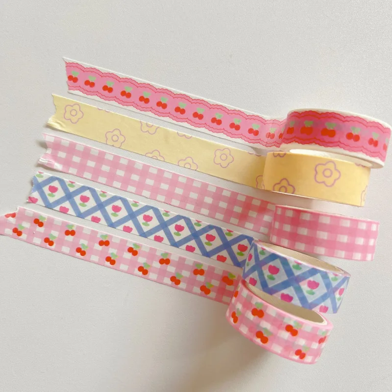 1Pcs Washi Tape Pink Grid Cherry Flower Decorative Adhesive Tape Color Masking For Sticker Scrapbooking DIY Stationery