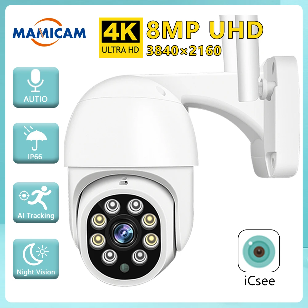 8MP Security Protection WIFI Camera Video Surveillance Outdoor PTZ 4.0X Digital Zoom Night Vision Onvif AI Auto Tracking Icsee 20mp 10k outdoor wifi camera three screen motion tracking 20x zoom camera ptz 360° view security protection video surveillance