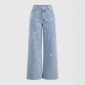 2025 Foreign Trade European and American Fashion Casual Loose Fit Slimming Jeans Women's Nail Bead Straight Leg Pants 1