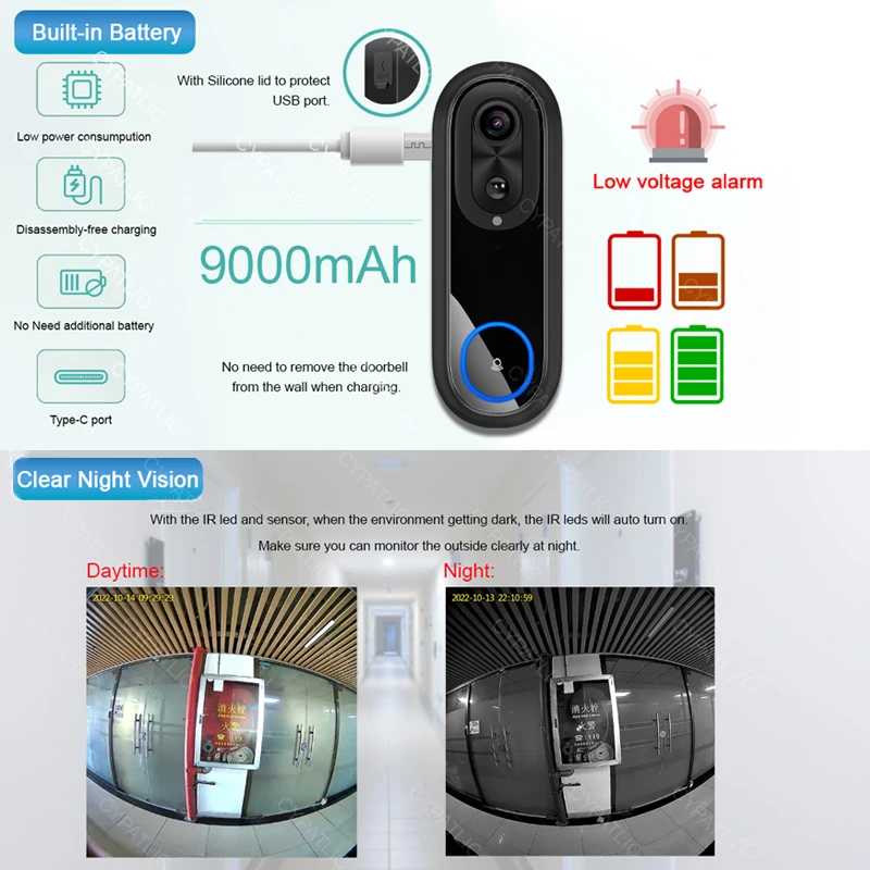 5G 2.4G WiFi Video Doorbell 1080P Wireless Bell Tuya APP Smart Intercom Camera IP65 Waterproof Ring Bell with 9000mAh Battery