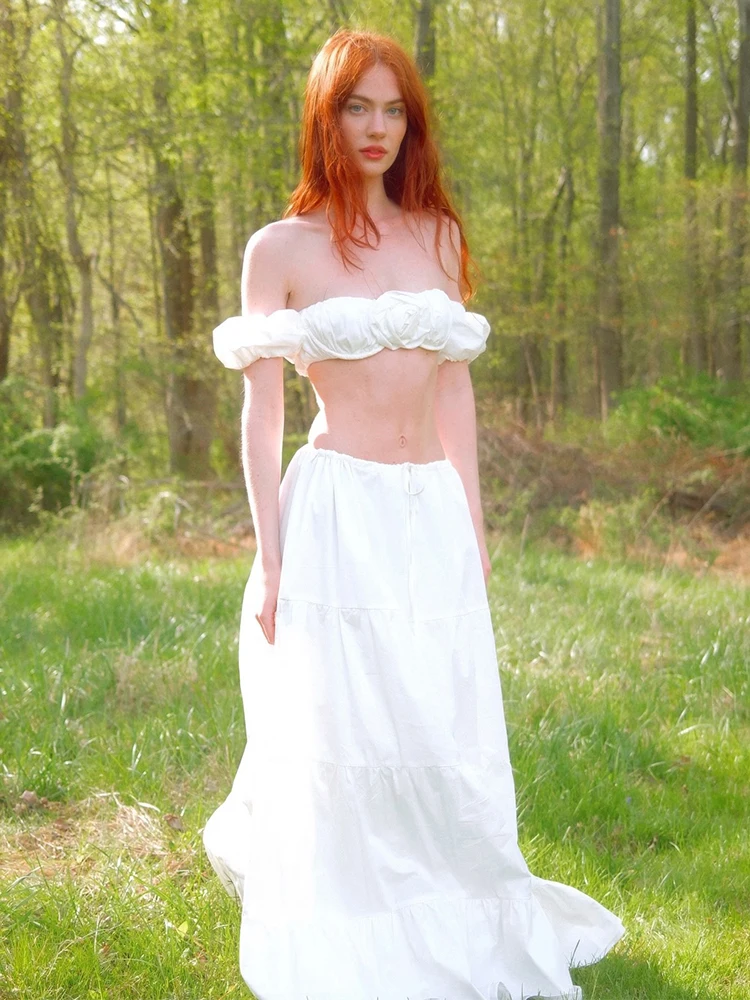 Nibber Sweet Solid 2-Piece Set Women Folds 3d Flowers Puff Sleeves One Shoulder Mini Tops +Lace-Up Skirts Matching Fashion Suits