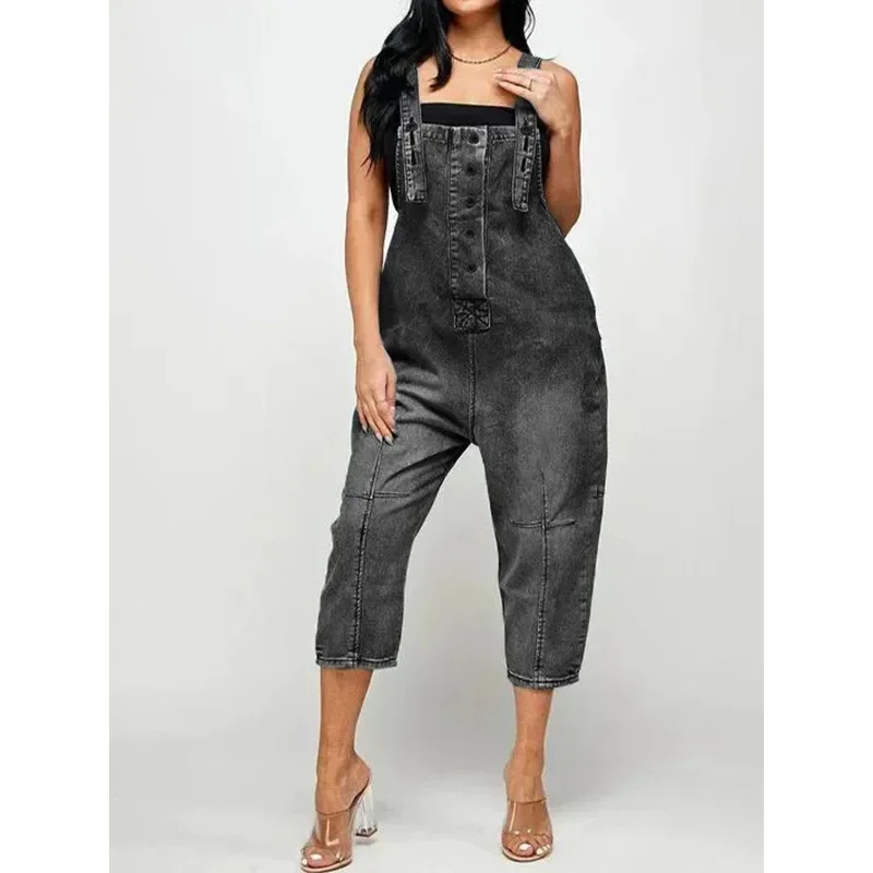 

Female Single-breasted Half-open One-piece Pants Commuter Tight Denim Jumpsuit Women Slim Fit Pencil Jeans Suspenders Rompers