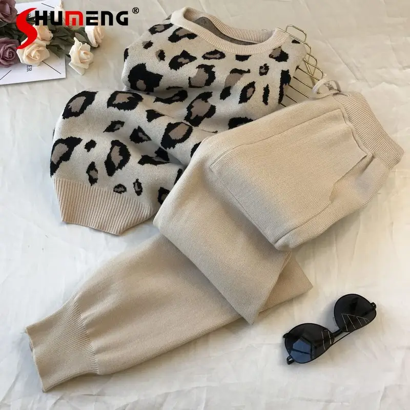 New 2023 Women's Autumn Winter Pant Sets Personalized Leopard Print Pullover Long Sleeve Knitwear Simple Solid Color Pant 2pcs