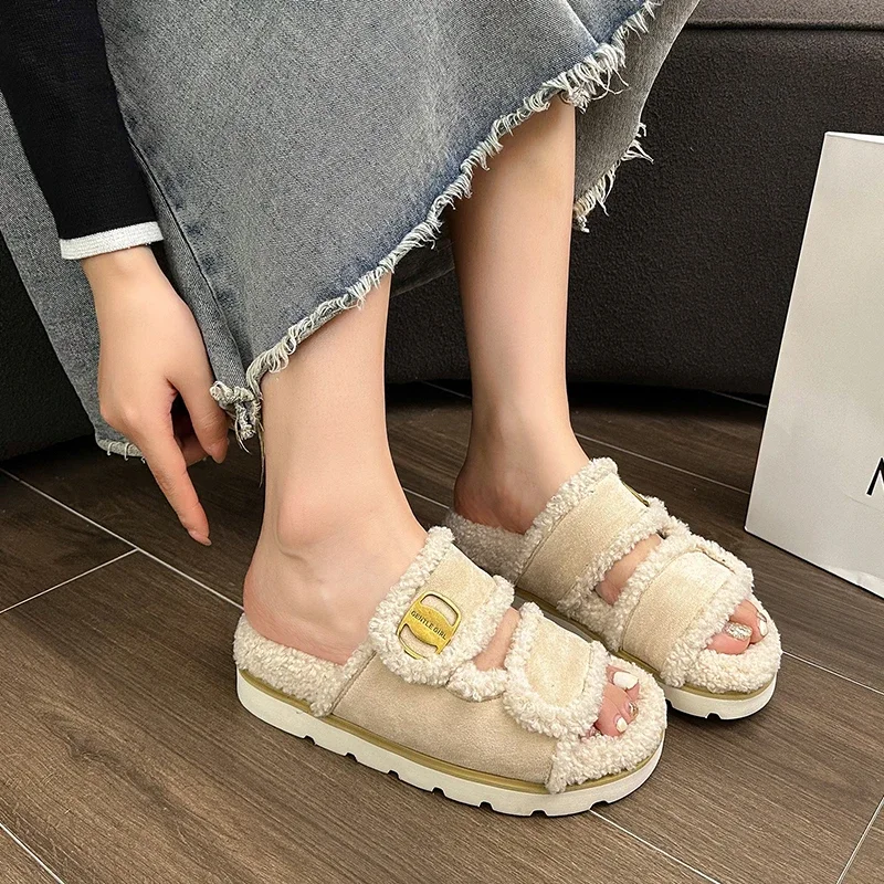 

Women's Furry Slippers Casual Open-toe Warm Cotton Shoes for Women Platform Anti-slip Outer Wear Slip-on Women's Cotton Slippers