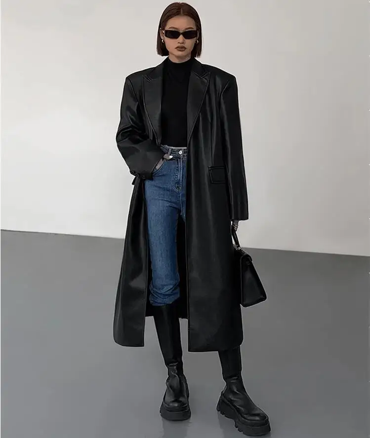 Women Leather Long Jacket Trench Oversized Faux Leather Blazer Button Down Lapel Coat with Pockets Down Shirts/Coats Work Office