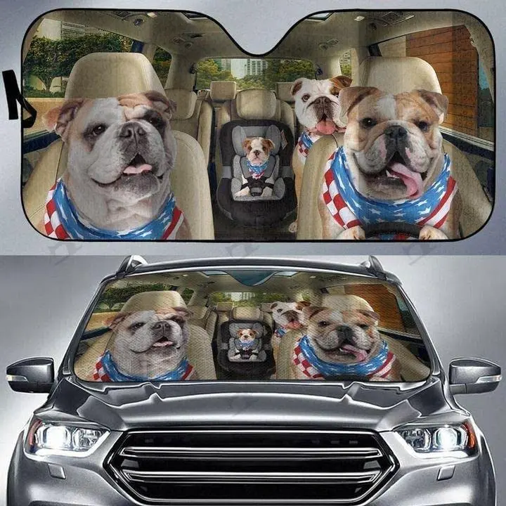 

Bulldogs Dog Family Driving American Car Sunshade for Windshield, Gift for Bulldog Car Windshield Durable Material Auto Visor