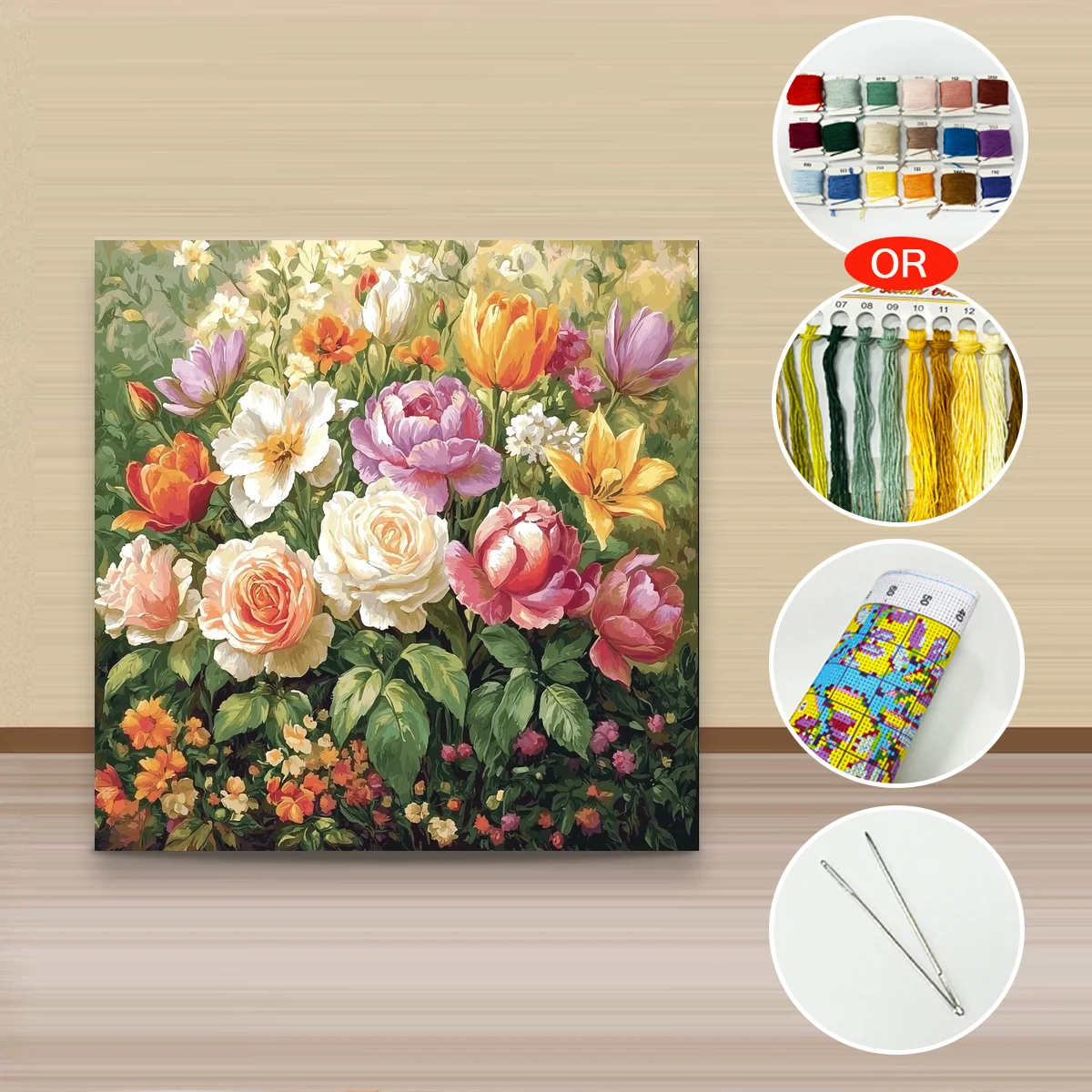 1 Stück 40x40 cm/15,74 Zoll, 11CT/14CT Kreuzstich-Set, DIY Valentinstagsgeschenk, Stickerei-Set für Festlichkeiten, Buntes Blumenfeld