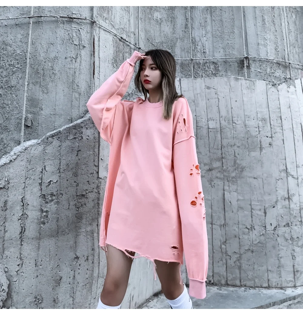 Camisolas rasgadas de manga comprida para homens e mulheres, pulôveres de ombro, streetwear com buracos rasgados, roupas grunge, sloth tops, primavera