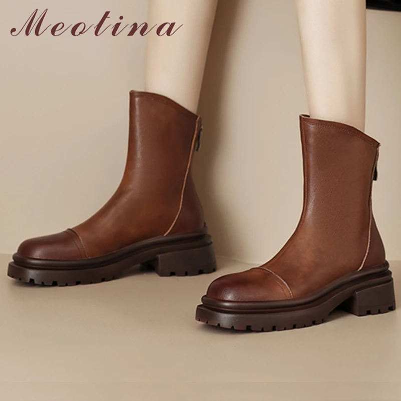 

Meotina Women Genuine Leather Ankle Boots Round Toe Platform Thick Mid Heels Zipper Western Short Boots Lady Shoes Autumn Winter