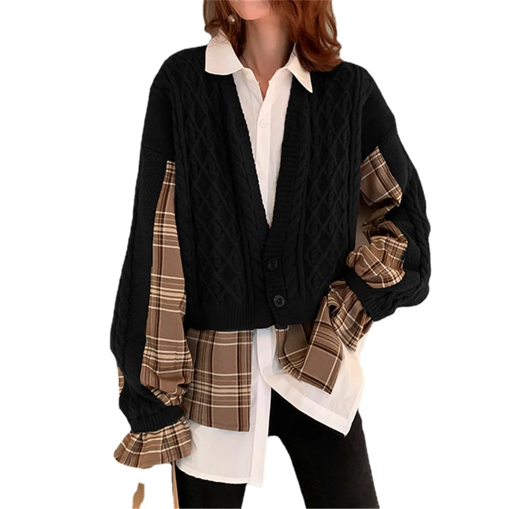 

Y2Kvestidos De Fiesta2024 Spring And Autumn New Fashion Fake Two Piece Knitted Top Women'S Sweater Plaid Splice Cardigan Coat