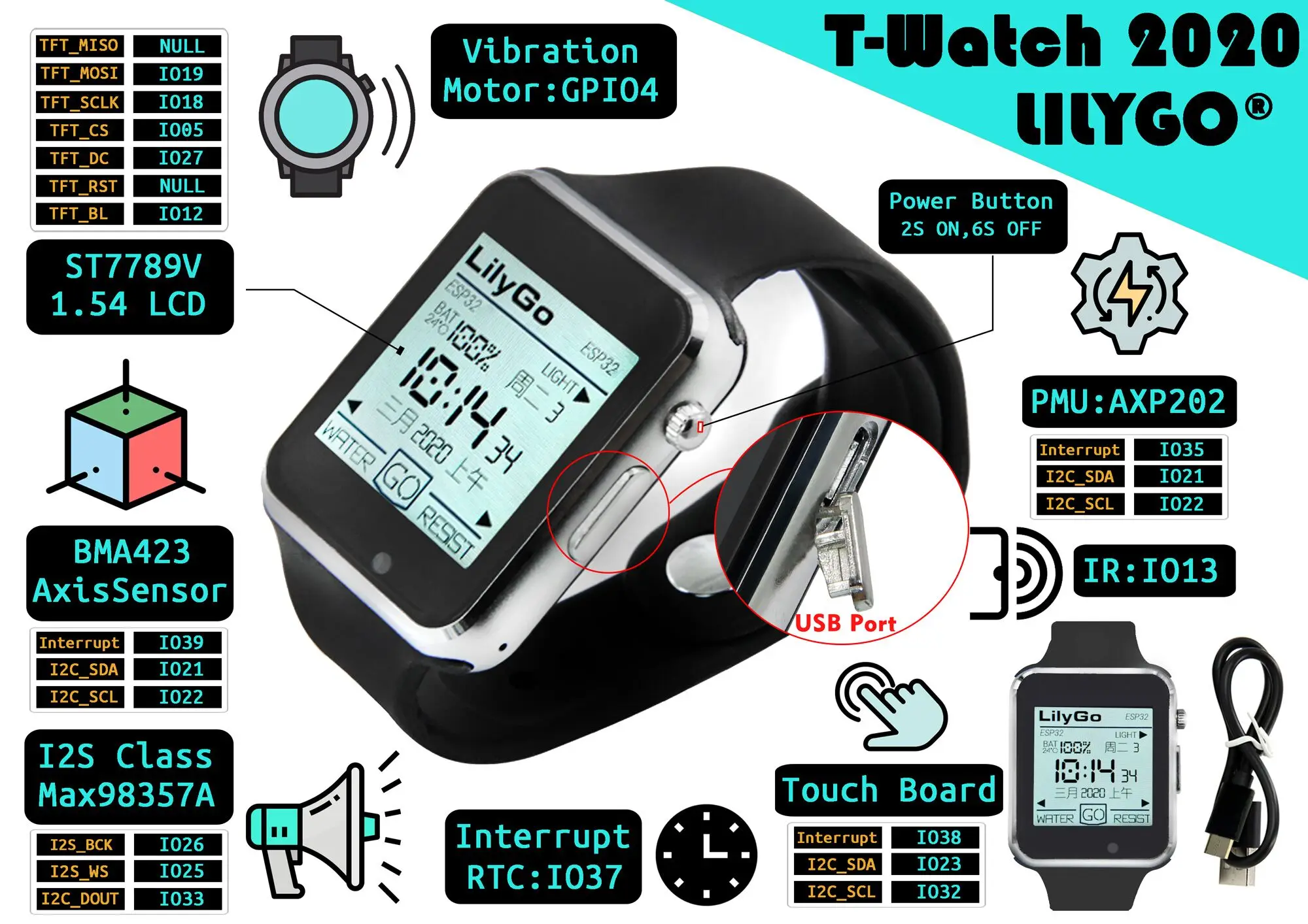 ® TTGO T-Watch 2020 470mAh ESP32 Programmable Watch Microphone IPS Touchable Wit
