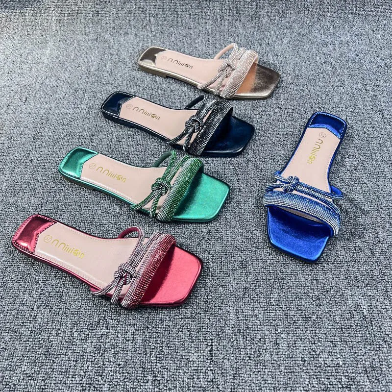 

Xibeilove 2023 Summer New Fashion Square Head Crystal Rhinestone Colored Women's Flat Bottom Slippers Home Slippers