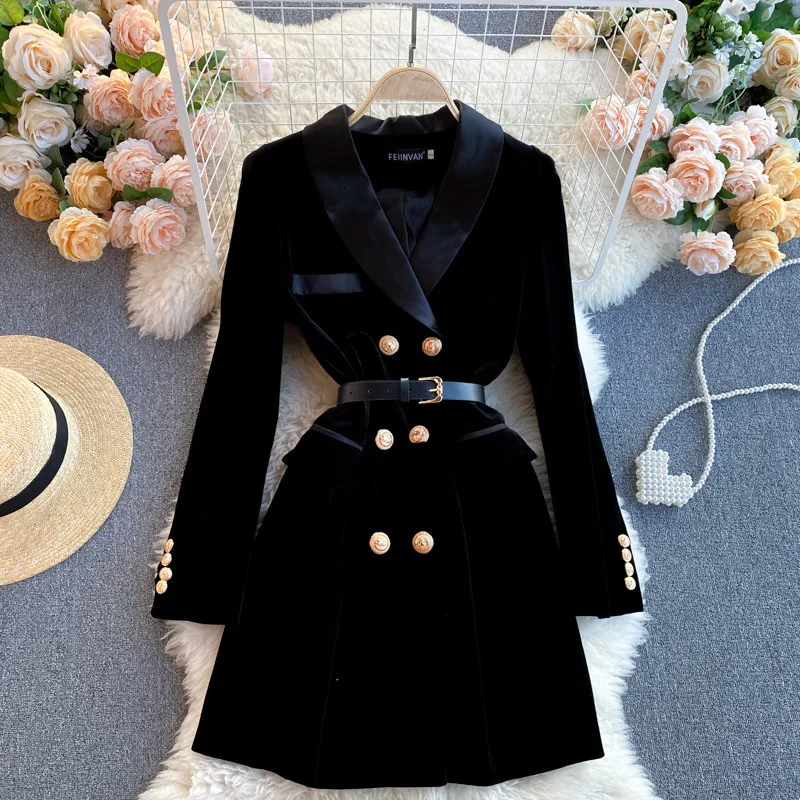 

2024 New Autumn Winter Women Suit Collar jacket Fashion Double Breasted High Waist Long Sleeve Slim Velvet Dresses Female W189